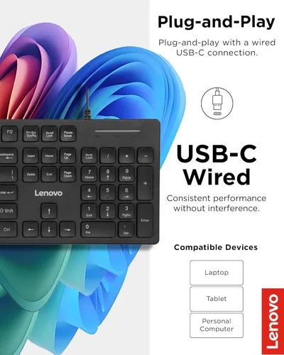 Miniatura 6 de Lenovo Teclado USB-C con cable 305 con teclado numérico, teclado de tamaño completo, diseño delgado, negro, conectividad USB-C, función dedicada