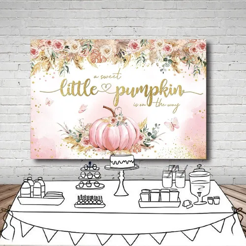 Miniatura 4 de MEHOFOND Telón de fondo bohemio de calabaza de otoño de 7 x 5 pies para niñas, diseño floral rosa con texto en inglés "A Sweet Little Pumpkin Is On