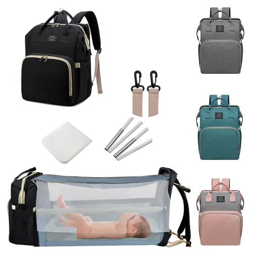 Miniatura 17 de Bolsa de pañales con cambiador, mochila para pañales, bolsa de pañales de viaje 7 en 1, bolsa para mamá con puerto de carga USB (rosa-gris)