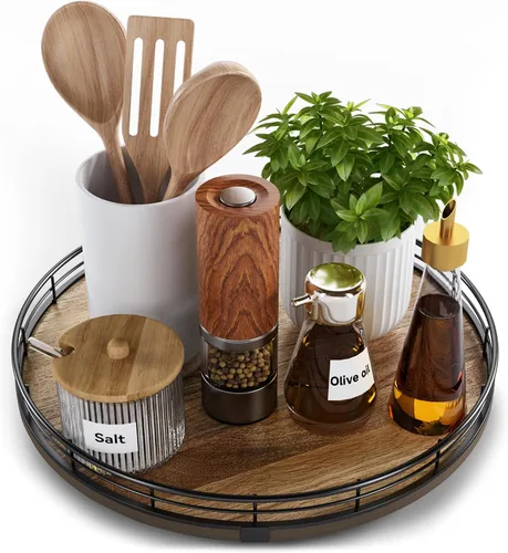 Miniatura 7 de Bandeja giratoria de tocador de Acacia de 9" para baño, organizador redondo de encimera de baño estilo granja para jabón y perfume, organizador