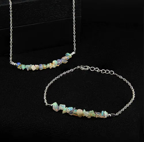 Miniatura 4 de Gempires Fire Opal Chips Bar Necklace, Opal Crystal Necklace, Gift for Her, Gemstone Jewelry, 18 inch Adjustable Silver Plated Chain