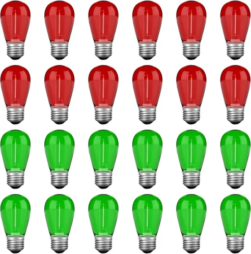 VISTERLITE Paquete de 24 bombillas LED S14 de Navidad, color rojo y verde, de plástico irrompibles, de 1 vatio, bombillas de repuesto para luces de