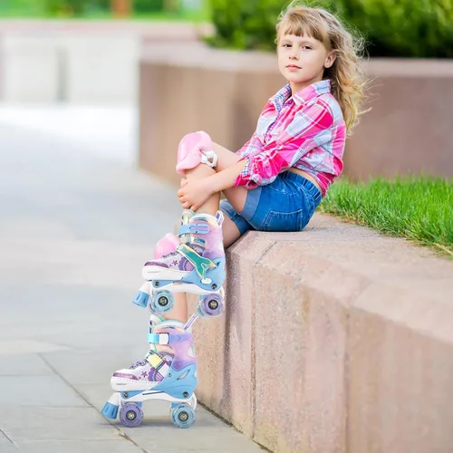 Miniatura 8 de NEMONE - Patines de sirena con ruedas iluminadas y 4 tamaños ajustables para niñas, azul y morado, para niños pequeños, para principiantes, de A