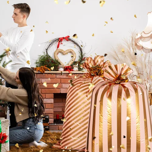 Miniatura 7 de Fulmoon 4 bolsas de regalo jumbo de 48 pulgadas, bolsas doradas extra grandes con flores de extracción, regalo gigante de plástico de gran