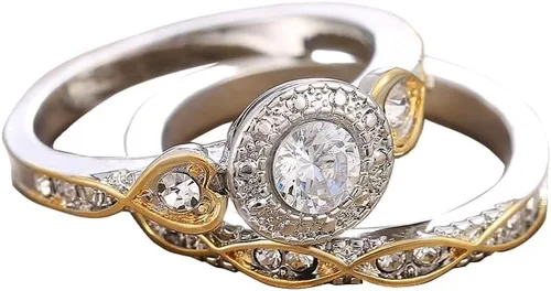 Juego de anillos vintage de dos tonos para mujer, anillos de boda de moissanita de corte redondo de pera clásica, anillos de boda de moissanita