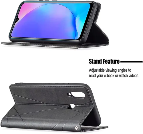 Miniatura 3 de Funda con tapa para Vivo Y11, Y15, Y12 e Y17, diseño de rombos de piel sintética, con función atril, cierre magnético, para Vivo Y11/Y15/Y12/Y17