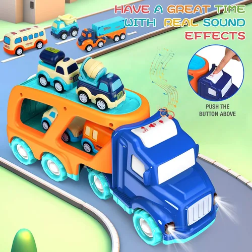 Miniatura 2 de Paquete de 9 autos de juguete para niños y niñas de 2, 3, 4, 5 años, camión de transporte grande con 8 pequeños camiones de tracción y lindos, juego