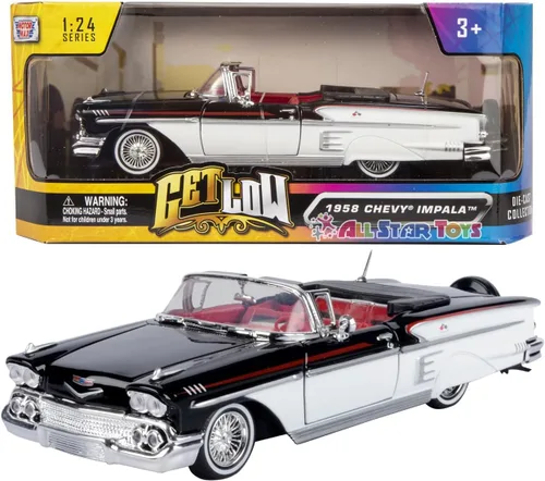 Motormax 79025 modelo convertible modelo modelo 1/24 de Chevy Impala 1958 en blanco y negro con interior rojo Get Low Series 1/24 para adultos unisex