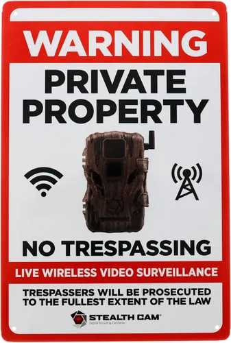 STEALTH CAM Alerta de seguridad al aire libre de estaño de 8 x 12 pulgadas, advertencia de propiedad privada sin intrusión de locales bajo señal de