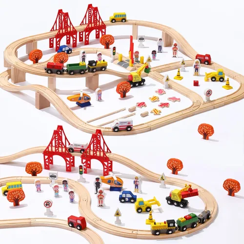 Miniatura 9 de Juego de 100 pistas de tren de madera, tren de juguete con pistas para niños de 3 a 10 años, compatible con las principales marcas, juego
