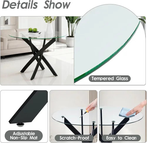 Miniatura 7 de Moderno juego de mesa redonda de vidrio para 4, 36 pulgadas, pequeña base negra de vidrio templado con 4 sillas de comedor minimalistas beige, juego