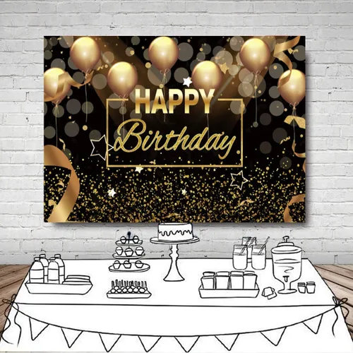 Miniatura 3 de Sensfun Cartel de fondo de fiesta de feliz cumpleaños para hombres y mujeres, globos negros y dorados con purpurina Bokeh, fondo de fotografía