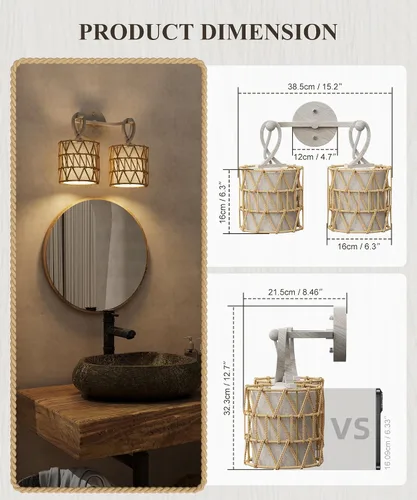 Miniatura 5 de N12-3 Aplique de pared de ratán bohemio de dos luces, accesorios de tocador para espejo, pantalla tejida en cruz y lámpara de pared cableada