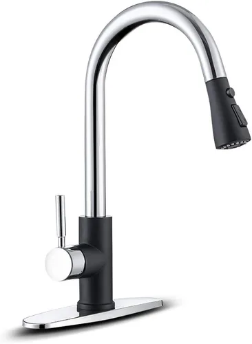 WEWE Grifo de Fregadero de Cocina, Grifo de Cocina Extraíble, Grifo de Cocina Negro y Cromado con Rociador de Acero Inoxidable de Una Sola Manija