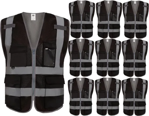 Miniatura 8 de Dazonity Chaleco de seguridad de malla de alta visibilidad con múltiples bolsillos y cremallera, apto para hombres y mujeres, trabajo, construcción