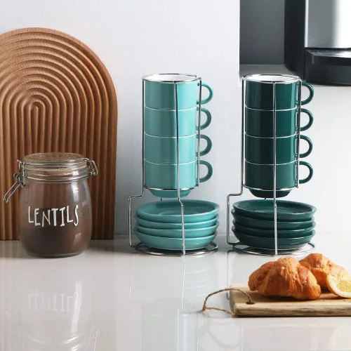 Miniatura 6 de Sweejar - Tazas de café de porcelana con platillos, tazas de capuchino apilables de 4 onzas con soporte de metal para bebidas de café, café
