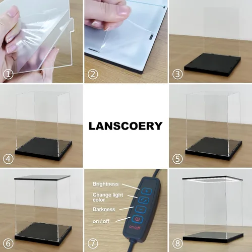 Miniatura 5 de LANSCOERY Vitrina de acrílico con luz LED ajustable amarilla/blanca/cálida, caja transparente de protección UV, vitrina a prueba de polvo