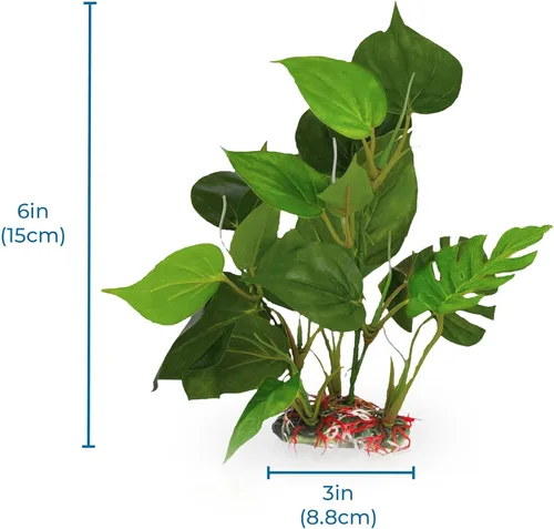 Miniatura 7 de SunGrow Planta de hojas de plástico, base de cerámica resistente, lugar para esconderse para peces, betta, pez ángel, peces dorados, rana, pitón