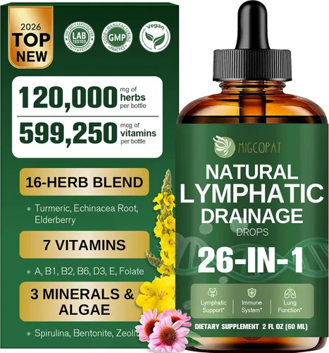 Migcopat Gotas liposomales de drenaje linfático 26 en 1, con equinácea, cúrcuma, saúco, diente de león, vitaminas y verbascum para pulmones, sistema