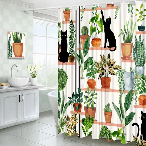 Miniatura 4 de Cortina de ducha con diseño de plantas y gatos, diseño de gatito negro, diseño bohemio, hojas verdes en maceta, tela estética botánica, cortinas