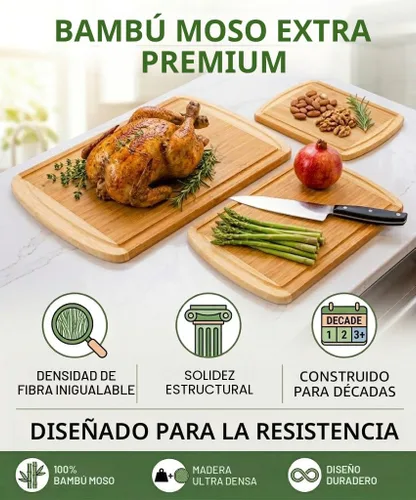 Miniatura 3 de Greener Chef Juego de 3 tablas de cortar de bambú de lujo con tecnología vertical de resistencia al grano, tablas de cortar de madera extra grandes