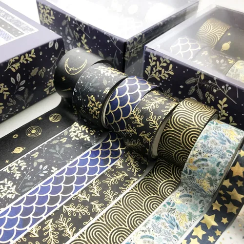 Miniatura 6 de Juego de cintas washi creativas 10 rollos de papel de aluminio dorado con estampado decorativo para manualidades, bricolaje, diarios, Mashup negro