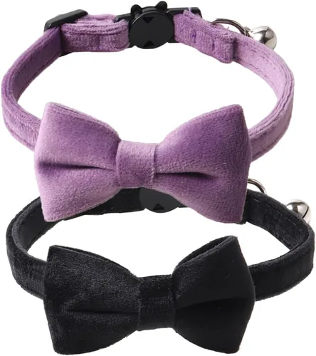 Miniatura 13 de Love Dream Collar de gato con pajarita y campanas, paquete de 2 collares de terciopelo de seguridad para gatitos con pajarita extraíble para gatos