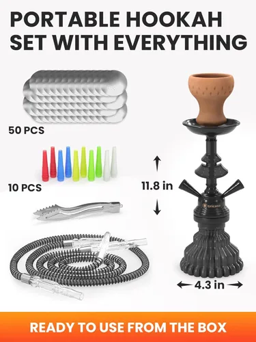 Miniatura 2 de Set de cachimba portátil con todo incluido - Juego de cachimba negro 2 mangueras – LilOne 12” Juego de cachimba mini negra con 2 mangueras, 50