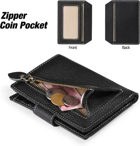 Miniatura 5 de FALAN MULE Cartera pequeña para mujer, de piel auténtica, plegable, compacta, con bloqueo RFID, pequeña cartera para mujer, ZZE-Elegant Negro