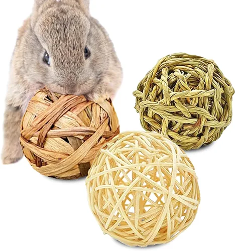 Miniatura 2 de SunGrow Paquete de 3 bolas masticables de conejo, juguete de dentición de hierba surtida para mascotas de bolsillo pequeñas, soporte de desgaste