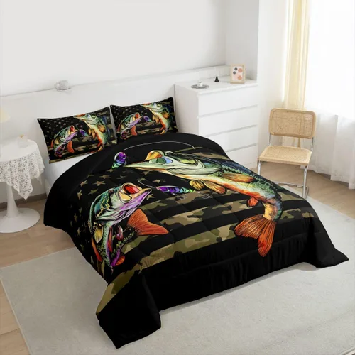 Miniatura 5 de Erosebridal Ropa de cama individual de pesca con bandera estadounidense, edredón de camuflaje para niños y niñas, decoración de caza, relleno