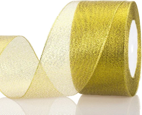 YASEO Cinta de Purpurina Dorada de 2 Pulgadas, 25 Yardas de Cintas de Tela Metálica Brillante para Envolver Regalos, Decoración de Bodas y Fiestas y