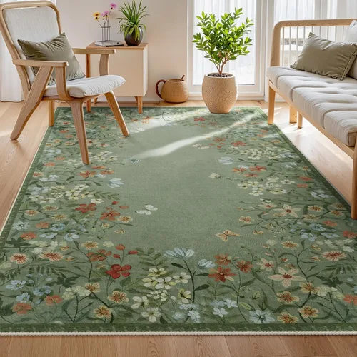 Miniatura 24 de Wonnitar Alfombra de área lavable de 2 x 3, alfombra de entrada floral verde, alfombra bohemia pequeña antideslizante para baño, alfombra suave