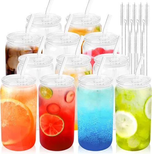 Miniatura 11 de Joyclub 4 vasos de vidrio con tapas y pajitas acrílicas, tazas de café helado de vidrio de 16 onzas con tapas y pajitas, lindos vasos para beber