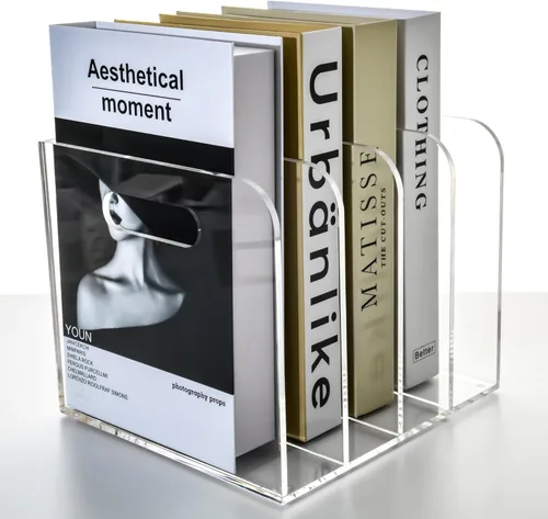 Miniatura 10 de Porta revistas: soporte de archivos de acrílico y organizador de escritorio, clasificador de archivos de sujetalibros transparente, organizador