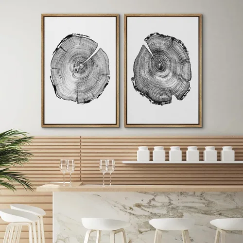 Miniatura 4 de SIGNWIN Lienzo enmarcado para pared, juego de arte con anillos de árbol de bosque grunge en blanco y negro, ilustraciones de naturaleza silvestre