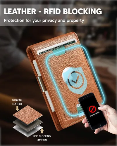 Miniatura 5 de Hairao Billetera AirTag para hombre, de piel auténtica, delgada, con soporte para Airtag y ventana de identificación, bloqueo RFID, plegable