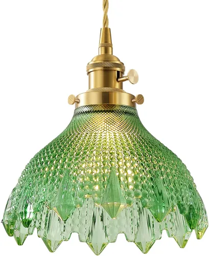 Lámpara Colgante de Vidrio Vintage, Lámpara Colgante de Techo de Flores Verdes, Cable Colgante Ajustable Dorado para Isla de Cocina Comedor 8