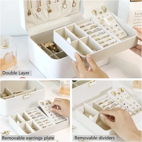 Miniatura 6 de KAMIER Joyero organizador para mujer, 2 capas de joyería para aretes, pulseras, anillos, collares, cuero de lujo y forro de terciopelo suave, caja