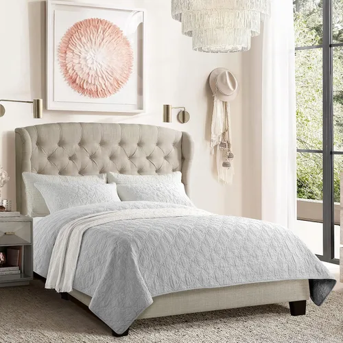 Miniatura 12 de Rosevera Issac - Cama con cabecera ajustable de diseño distintivo y marco de cama acolchado con botones, tamaño King, beige clásico Gris clásico