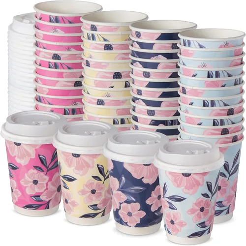 Miniatura 8 de ROYAL BLUEBONNET 48 tazas de café de papel de flamenco con tapas, 12 onzas, lindas tazas de café desechables con tapas con 4 diseños diferentes