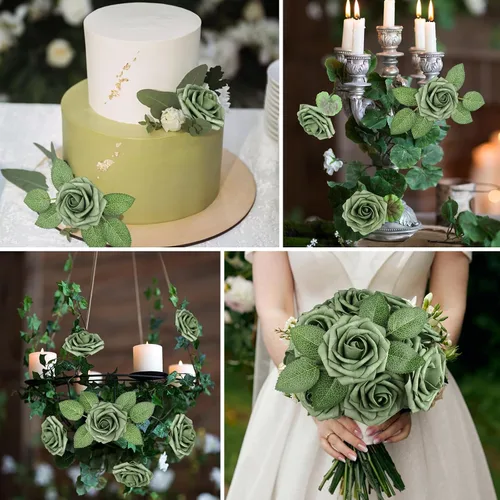 Miniatura 5 de AmyHomie Flores artificiales rosas rojas, 25 rosas falsas de aspecto real con tallo para ramos de boda, centros de mesa, arreglos de fiesta, baby