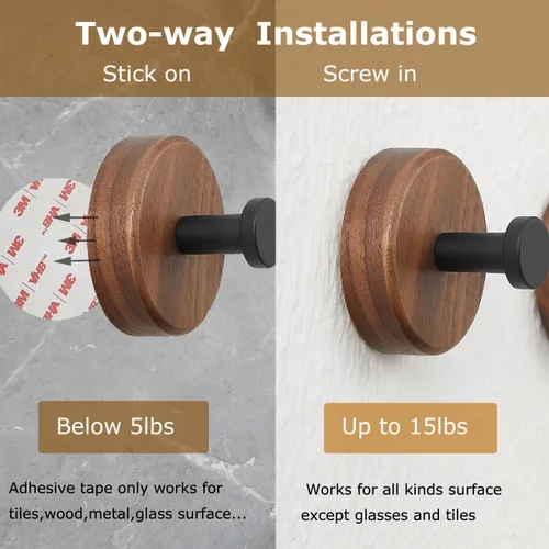 Miniatura 6 de Ganchos de pared de madera, paquete de 4 ganchos de madera de nogal oscuro para colgar bolsos, sombreros, mochilas, chaquetas, bolsas y batas