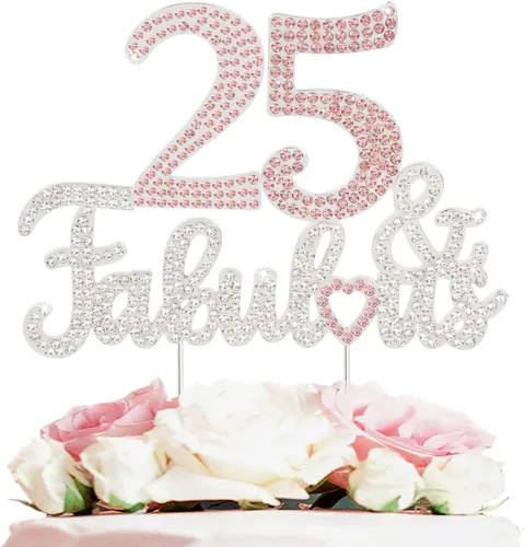Miniatura 12 de 25 y fabulosa decoración de pastel de diamantes de imitación dorados y rosados – Feliz cumpleaños 25 años saluda a 25 años de edad, decoración