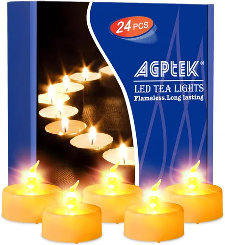 AGPTEK Función de temporizador, paquete de 24 velas LED sin llama, incluye CR2032 y batería reemplazable, amarillo cálido, paquete de 24 velas
