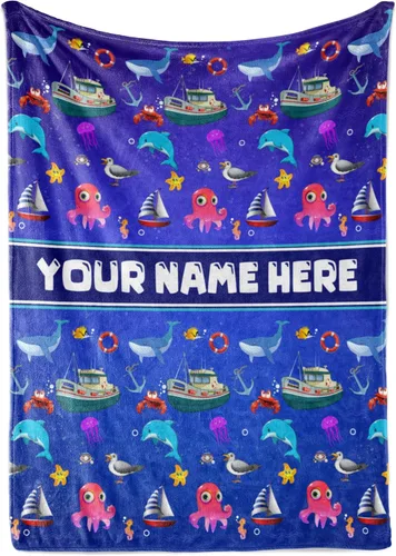 Manta personalizada de Living para niños | Manta de forro polar de animales marinos personalizada | Manta azul para niños | Manta para bebé niña |