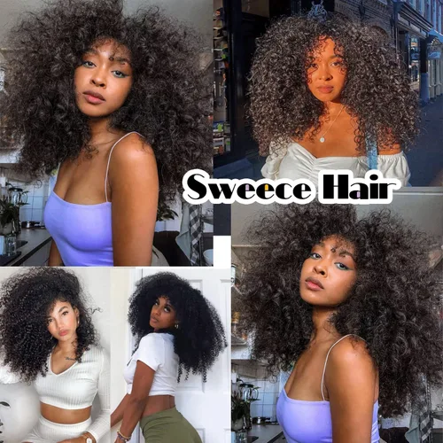 Miniatura 6 de Sweece - Peluca afro larga y rizada con flequillo para mujeres negras, peluca de cabello rizado de 17 pulgadas (17 pulgadas, negro)