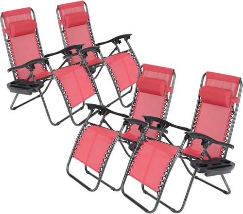 Miniatura 11 de Juego de 4 sillas reclinables de gravedad cero de malla de acero para acampar al aire libre con reposapiés, ajustable, almohada, bandeja, beige