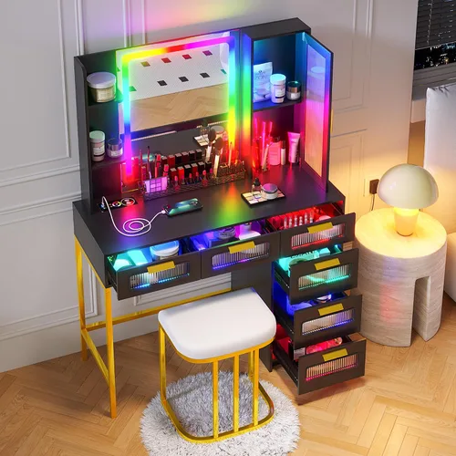 Miniatura 14 de HNEBC - Mesa de tocador RGB con espejo y luces, mesa de maquillaje con espejo LED y estación de carga USB/inalámbrica, juegos de mesa de tocador