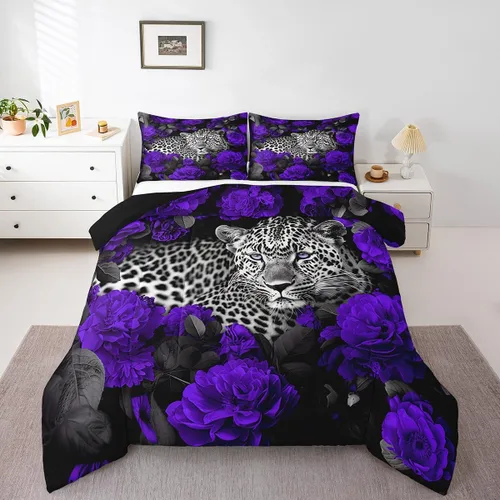Miniatura 30 de Erosebridal Juego de ropa de cama de guepardo con rosa azul, juego de edredón con estampado de leopardo y gato, edredón romántico de plumón